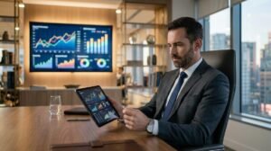 Persona con traje revisando gráficos financieros en una tablet dentro de una oficina moderna con ventanales