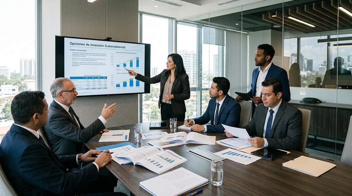Grupo de personas en reunión de negocios, una presenta gráficos en pantalla mientras otras escuchan y toman notas