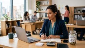 Persona emprendedora revisando sus finanzas del negocio en una laptop con documentos de gastos fijos sobre la mesa.