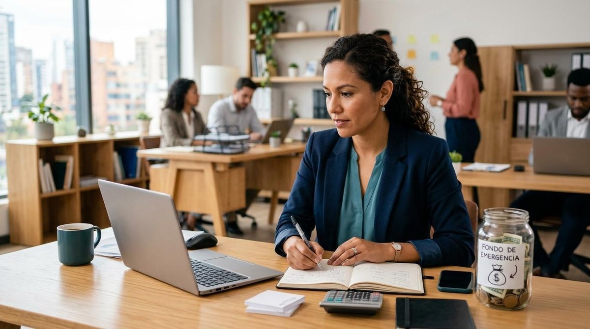 Persona emprendedora revisando sus finanzas del negocio en una laptop con documentos de gastos fijos sobre la mesa.
