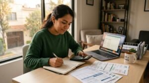 Mujer que calcula cuotas de un préstamo personal.