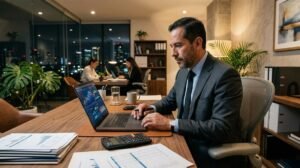 Persona con traje usando computadora portátil y calculadora en oficina nocturna con documentos
