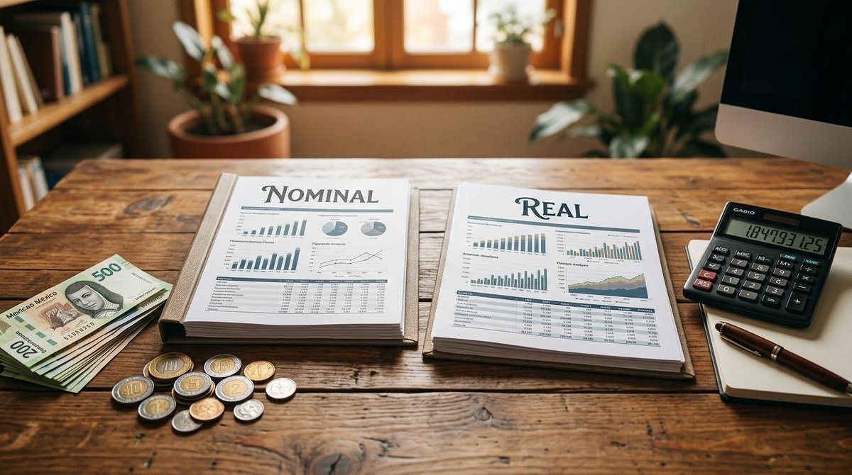 Cómo calcular el rendimiento real de tus inversiones empresariales paso a paso 2 Mesa de madera con documentos financieros, billetes, monedas, calculadora y cuaderno en un entorno de oficina