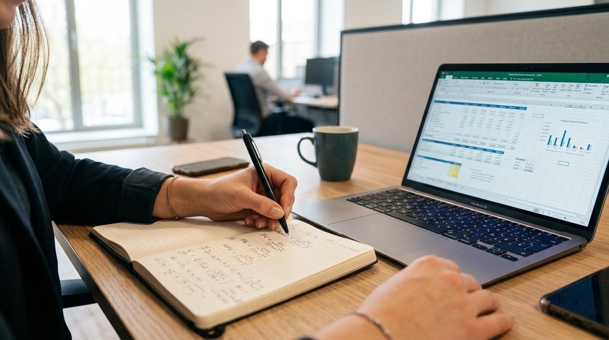 Cómo calcular el rendimiento real de tus inversiones empresariales paso a paso 3 Persona escribiendo notas en cuaderno junto a portátil con hoja de cálculo en oficina