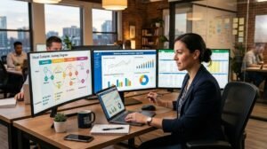 Un profesional de marketing trabajando en una oficina moderna con múltiples pantallas mostrando gráficos de análisis de datos y un diagrama visual del