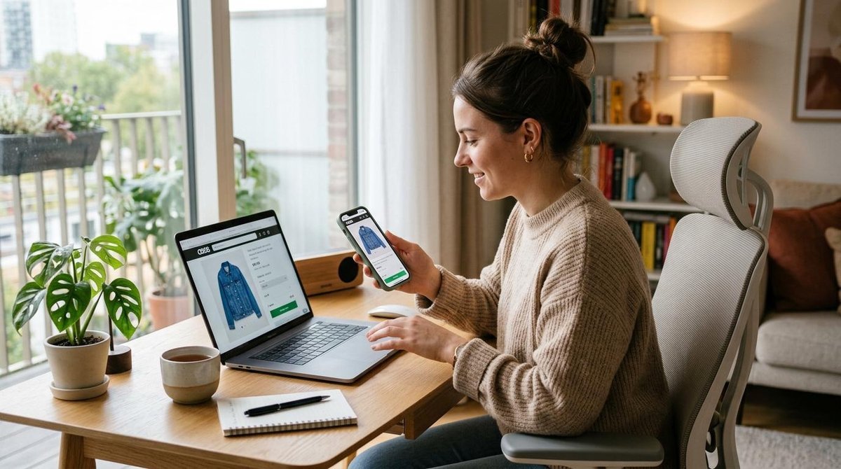Cómo crear una estrategia omnicanal desde cero con enfoque en el recorrido del cliente 2 Una persona utilizando su teléfono móvil junto a una laptop en un escritorio ordenado, ambos dispositivos mostrando la misma sesión de compra sincroni