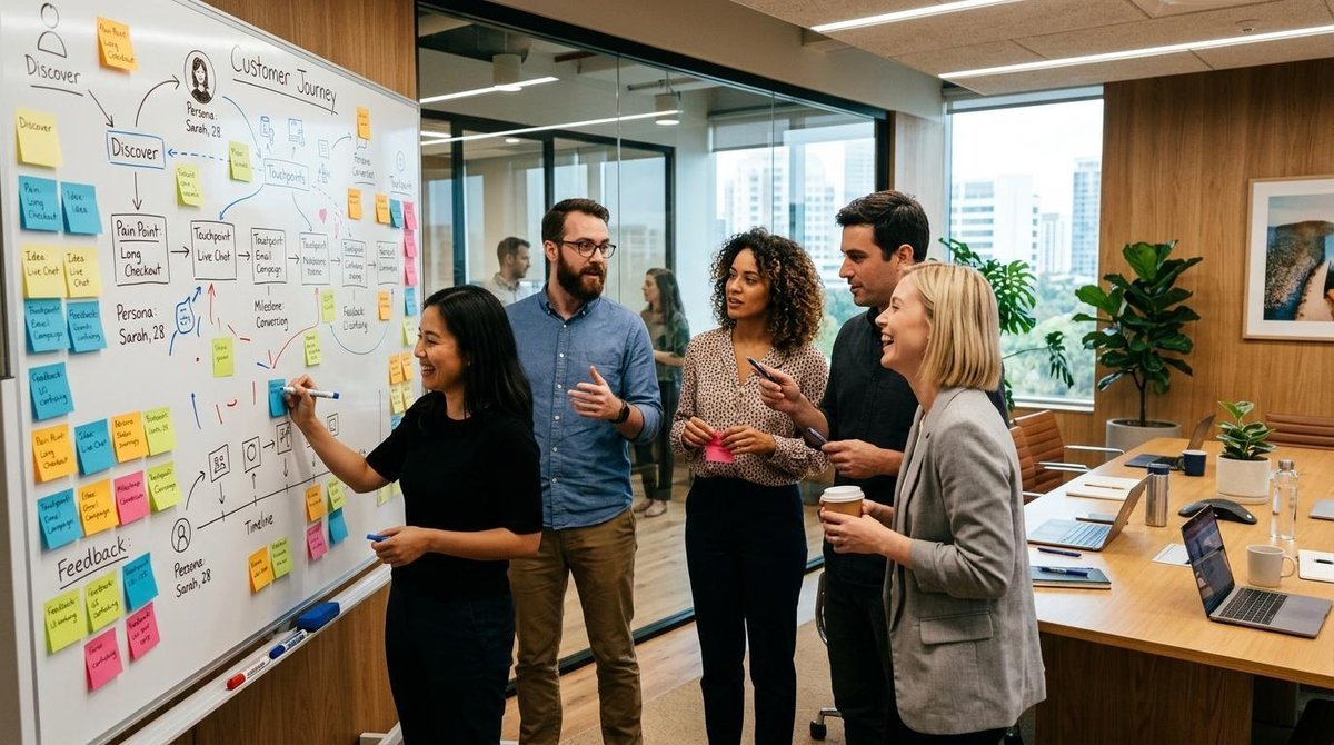 Cómo crear una estrategia omnicanal desde cero con enfoque en el recorrido del cliente 3 Un equipo de trabajo colaborando alrededor de una pizarra blanca con diagramas del customer journey y notas adhesivas de colores, en una sala de reuni