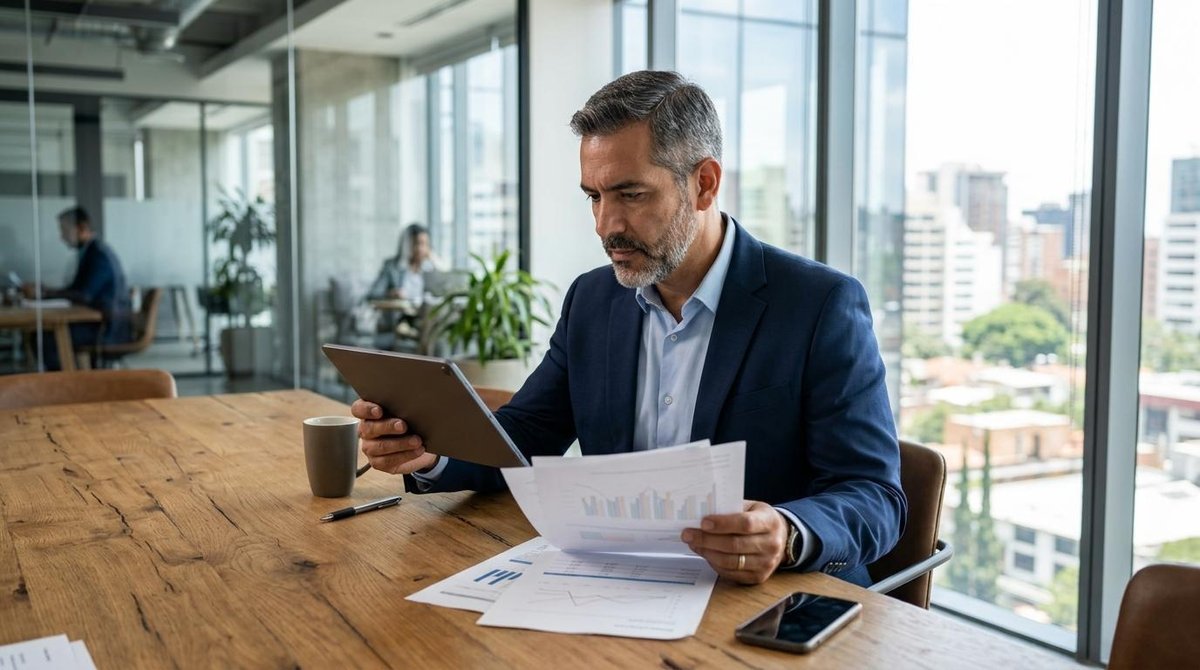 Persona con traje revisando documentos y tablet en mesa de oficina junto a ventana