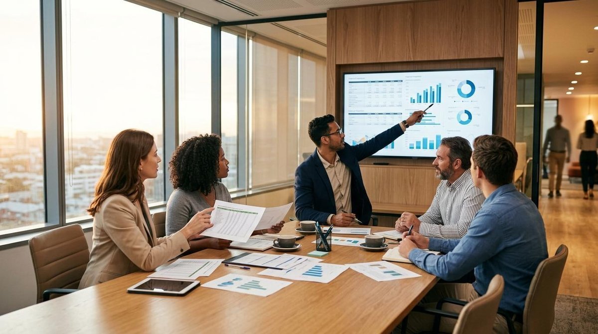 Cómo elegir fondos de inversión para tu empresa según el nivel de riesgo 2 Reunión de personas en oficina analizando gráficos y documentos en pantalla grande junto a ventana panorámica