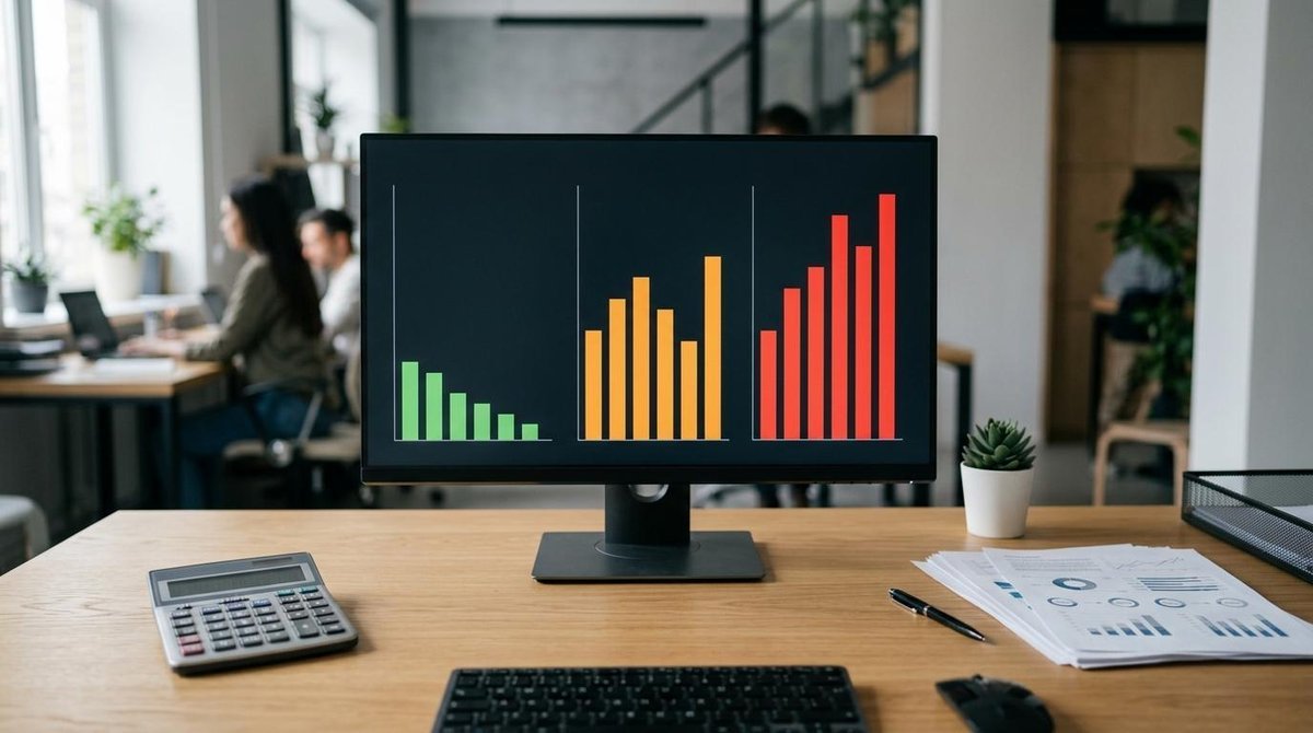 Cómo elegir fondos de inversión para tu empresa según el nivel de riesgo 3 Escritorio con monitor mostrando gráficos de barras, teclado, ratón, calculadora y documentos impresos sobre superficie de madera clara