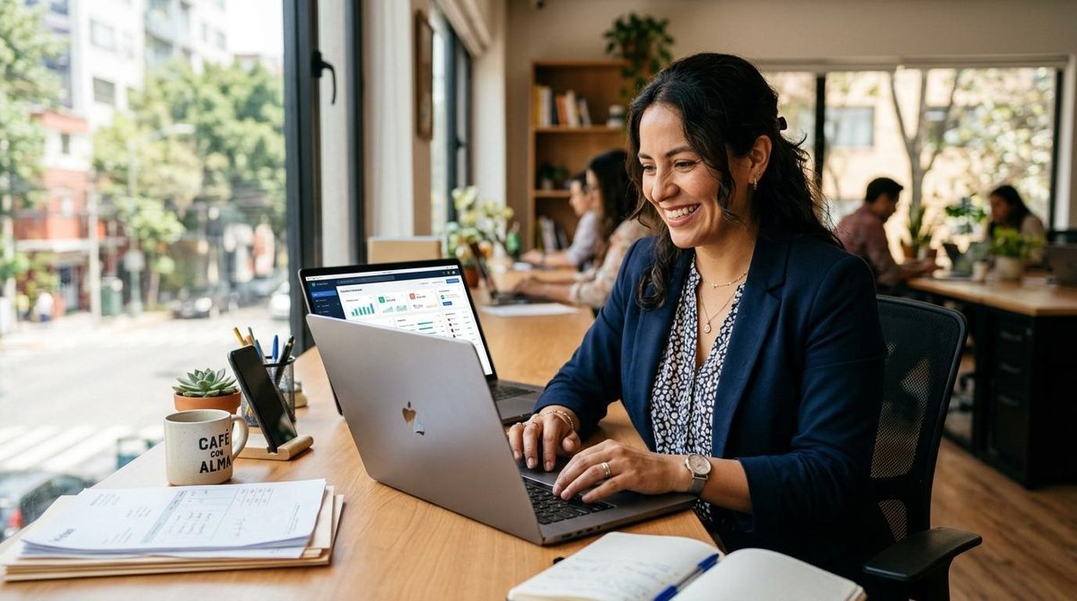 Emprendedor mexicano sonriendo mientras gestiona múltiples pedidos desde una laptop en un escritorio moderno y ordenado, con un ambiente cálido y prof