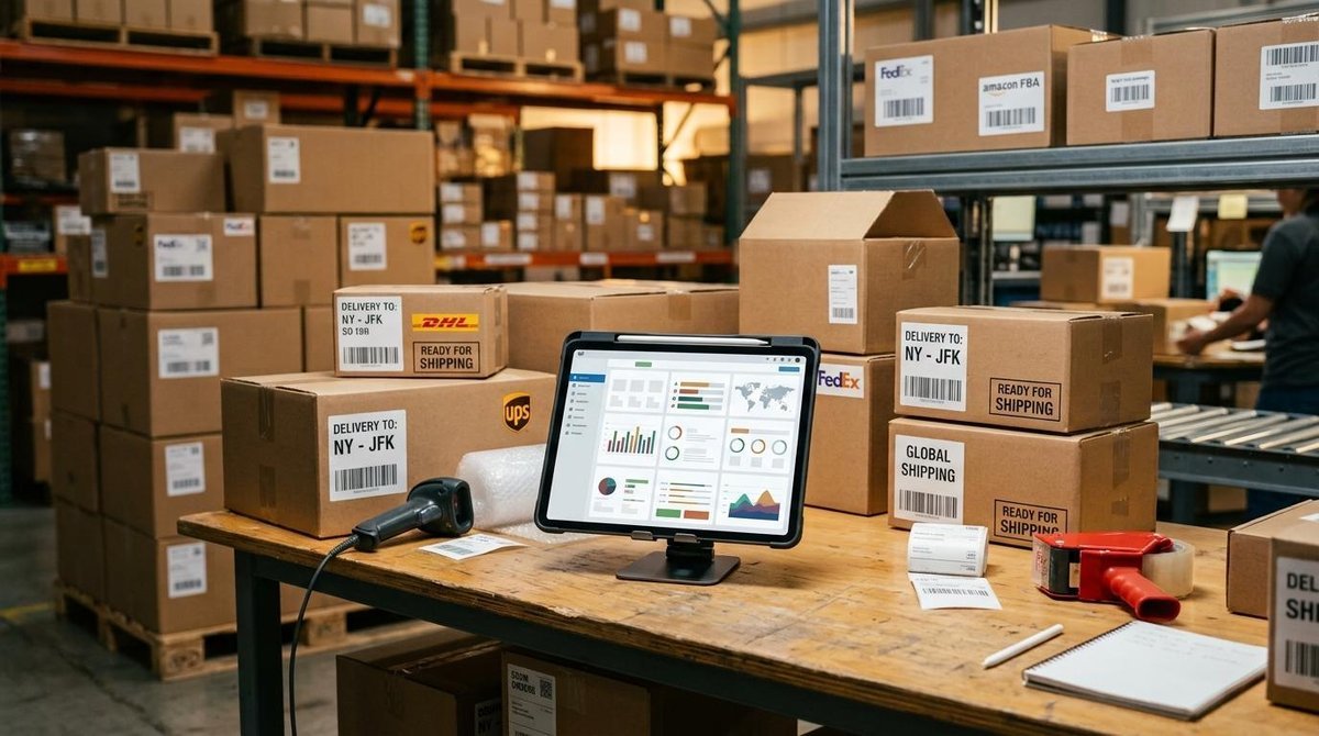 Tablet moderna sobre una mesa de empaque de productos, mostrando un panel de inventario digital sin texto, rodeada de cajas de envío listas para ser e