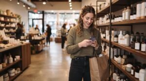 Persona sonriente revisa su teléfono móvil mientras sostiene una bolsa de compras