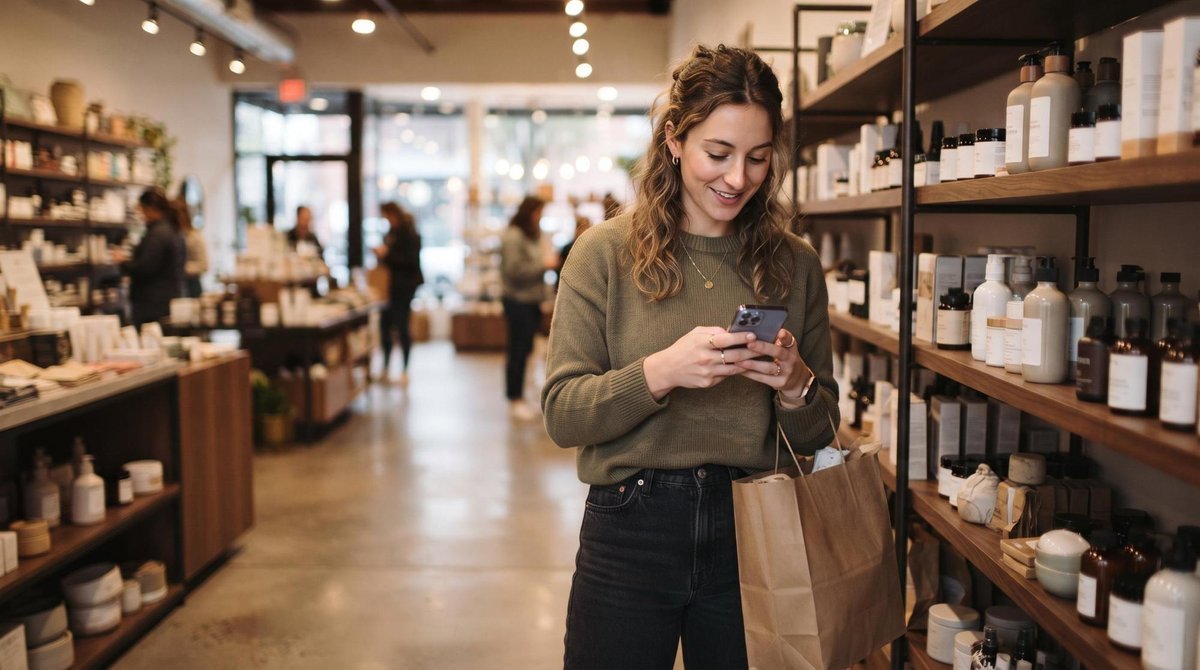Persona sonriente revisa su teléfono móvil mientras sostiene una bolsa de compras
