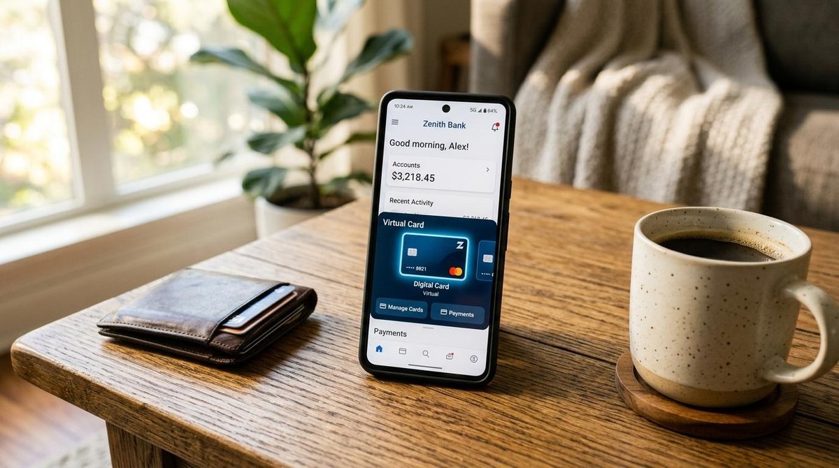 Celular mostrando pantalla de tarjeta virtual para pagar