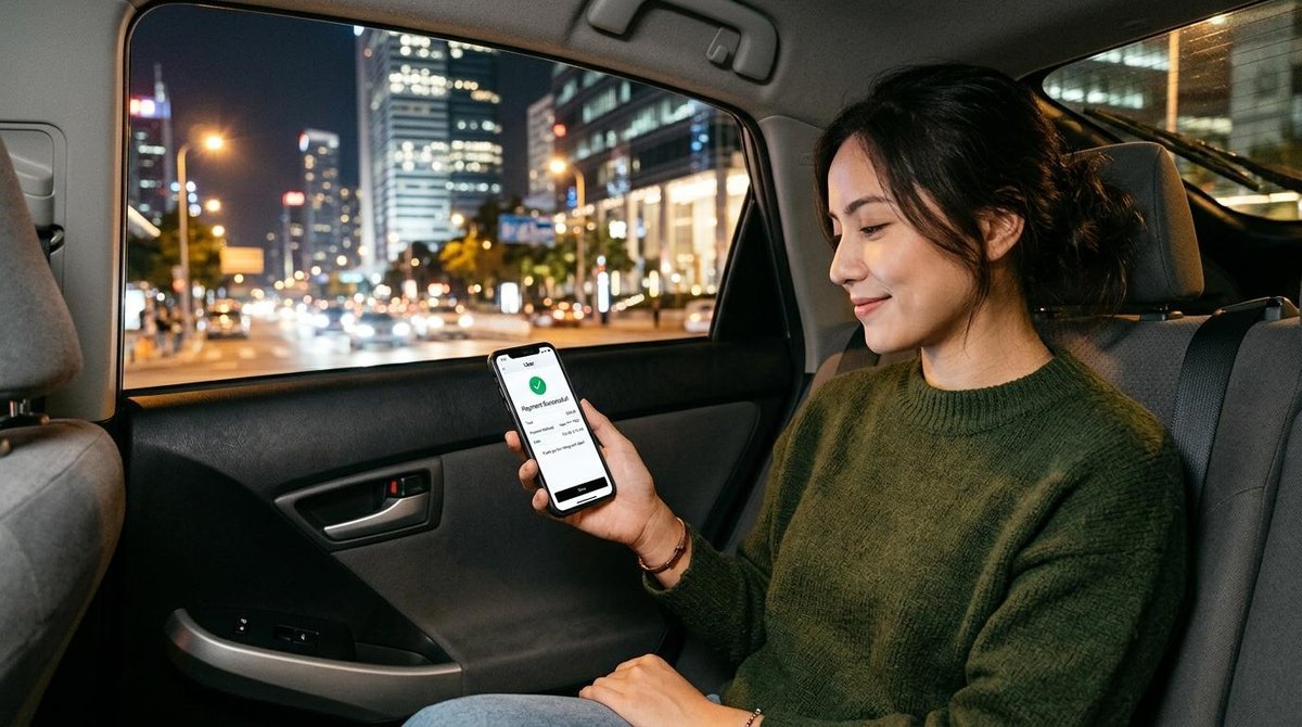 Persona viajando en Uber abonando con Mercado Pago