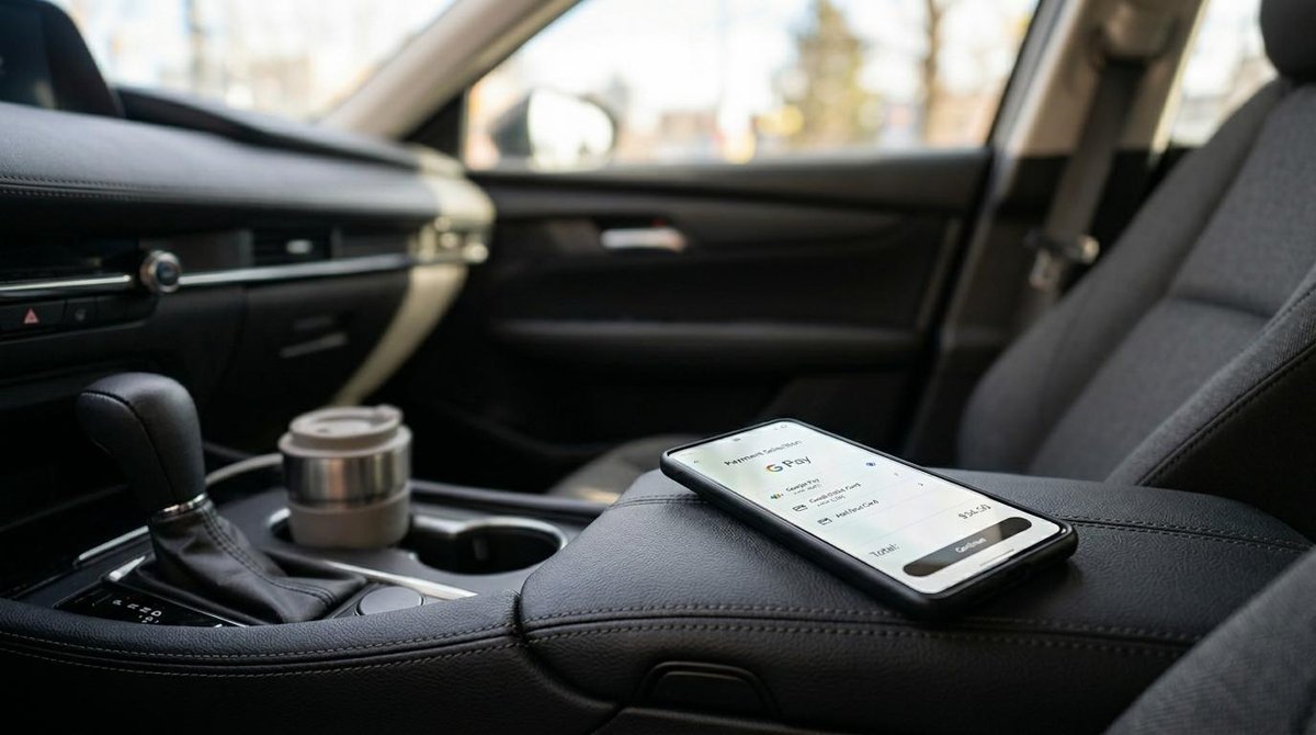 Celular en un auto mostrando métodos de pago