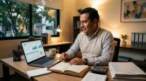 Persona escribiendo en un libro abierto sobre escritorio con laptop mostrando gráficos y calculadora cerca