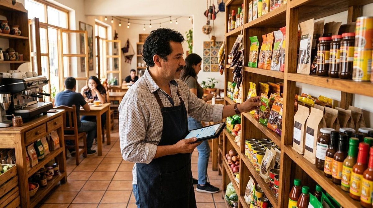 Cómo proteger las ganancias de tu negocio de la inflación con estrategias prácticas 2 Persona con delantal sostiene tablet mientras revisa productos en estantería de tienda