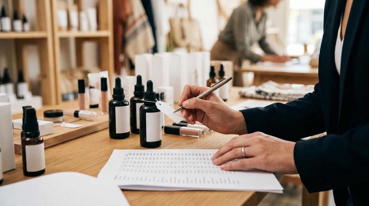Cómo proteger las ganancias de tu negocio de la inflación con estrategias prácticas 3 Persona escribiendo en una etiqueta de producto cosmético sobre mesa de madera