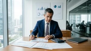 Persona en traje escribiendo en documentos con gráficos sobre escritorio de oficina con calculadora y portátil