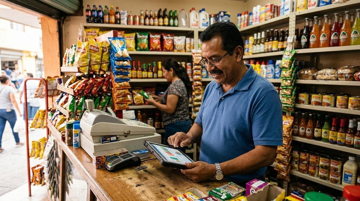 Cómo reducir costos operativos en tu pyme sin sacrificar lo que te hace crecer 2 Persona con polo azul sonriendo mientras usa una tablet en el mostrador de un pequeño almacén lleno de productos