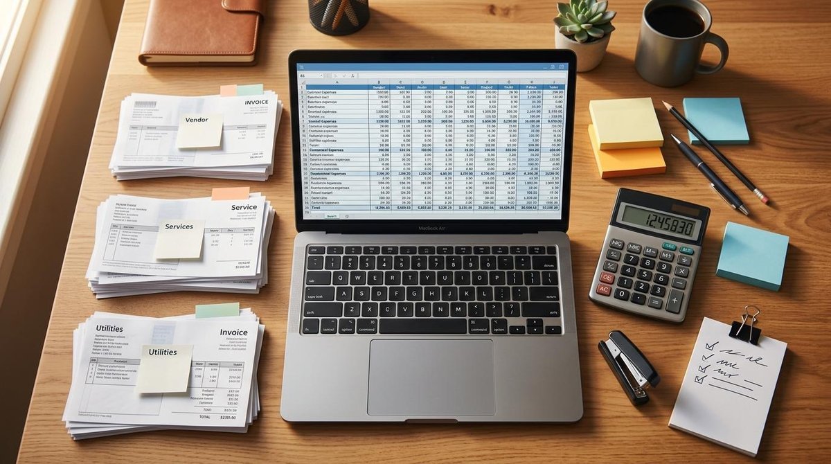 Cómo reducir costos operativos en tu pyme sin sacrificar lo que te hace crecer 3 Escritorio con laptop mostrando hoja de cálculo, facturas, calculadora, notas adhesivas y bolígrafos organizados para trabajo administrativo