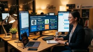 Espacio de trabajo moderno con múltiples pantallas mostrando diferentes canales de venta en línea con etiquetas de precios sincronizadas, iluminación