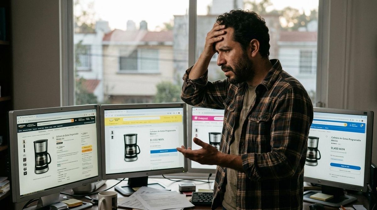 Cómo sincronizar precios en todos tus canales de venta sin perder el control 2 Emprendedor mexicano revisando con preocupación varias pantallas con precios inconsistentes en diferentes plataformas de venta, reflejando el problema