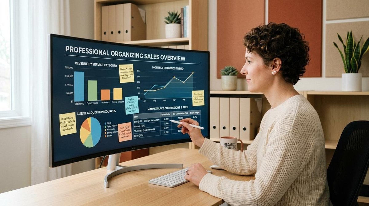 Cómo sincronizar precios en todos tus canales de venta sin perder el control 3 Profesional organizando información de canales de venta en un panel digital con notas y datos sobre comisiones de marketplaces, en un entorno de traba