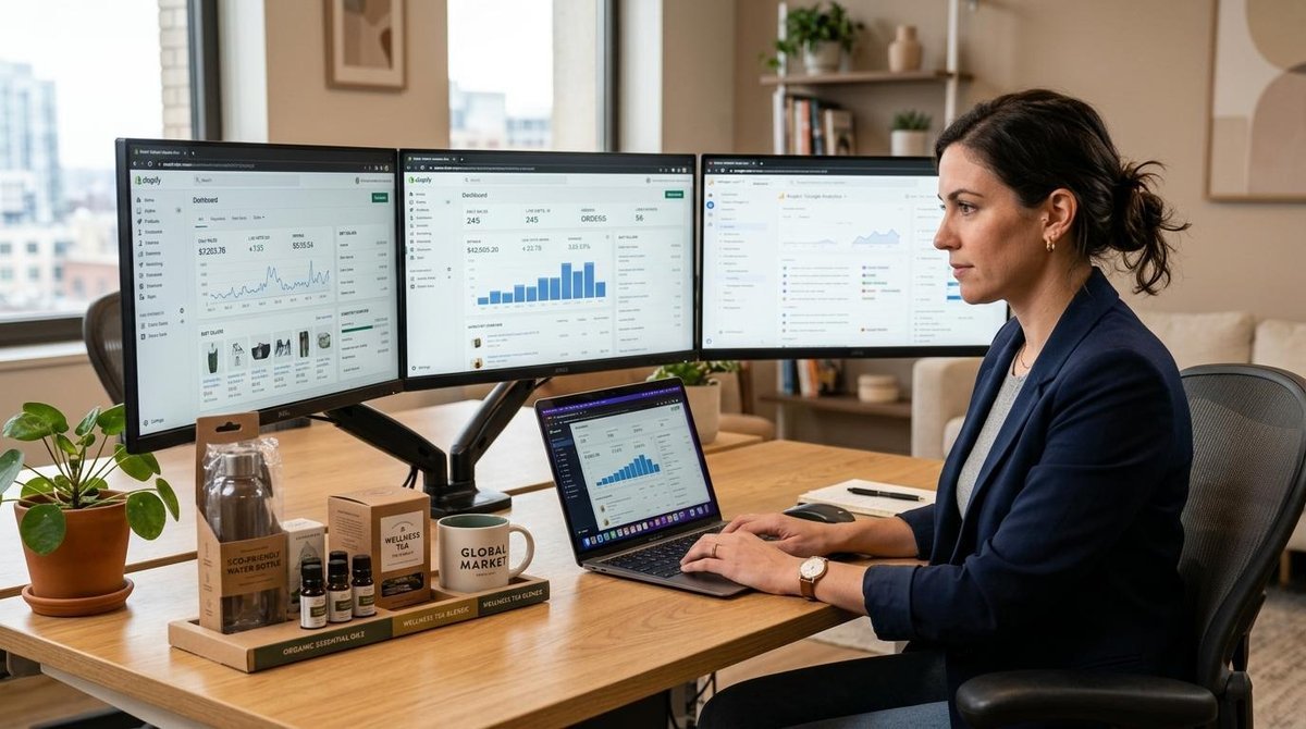 Una persona trabajando en una laptop moderna frente a múltiples pantallas que muestran interfaces de venta digital, con productos pequeños organizados