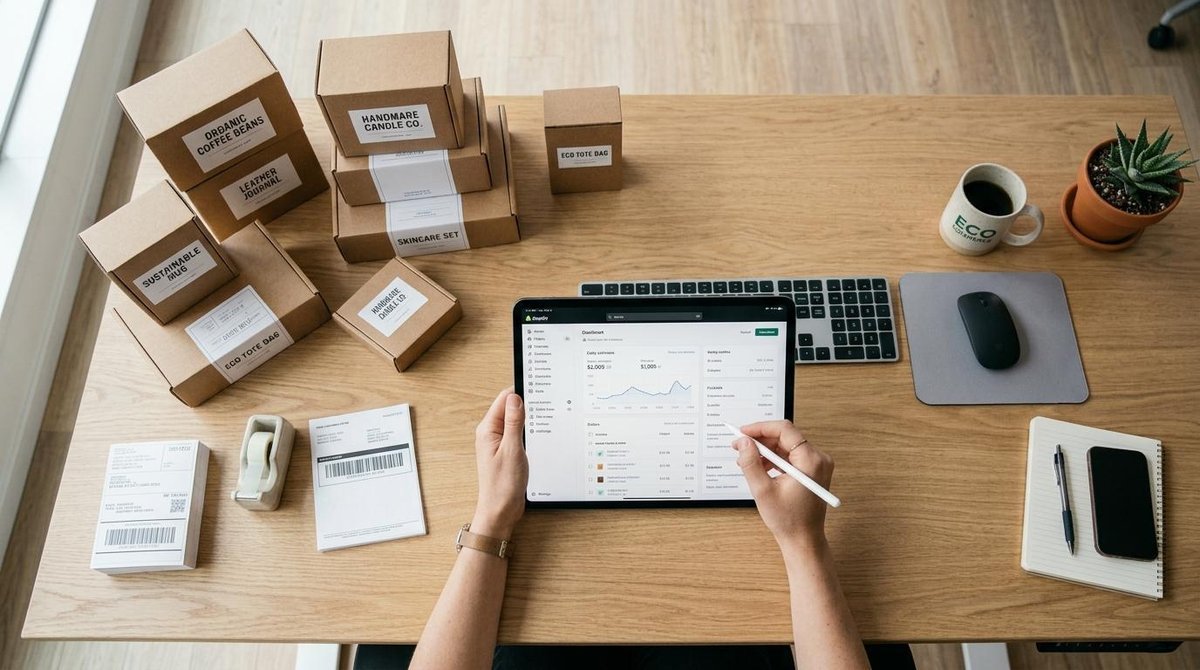Vista superior de manos usando una tablet sobre una mesa de trabajo con productos de e-commerce en cajas ordenadas, entorno de oficina moderna con luz
