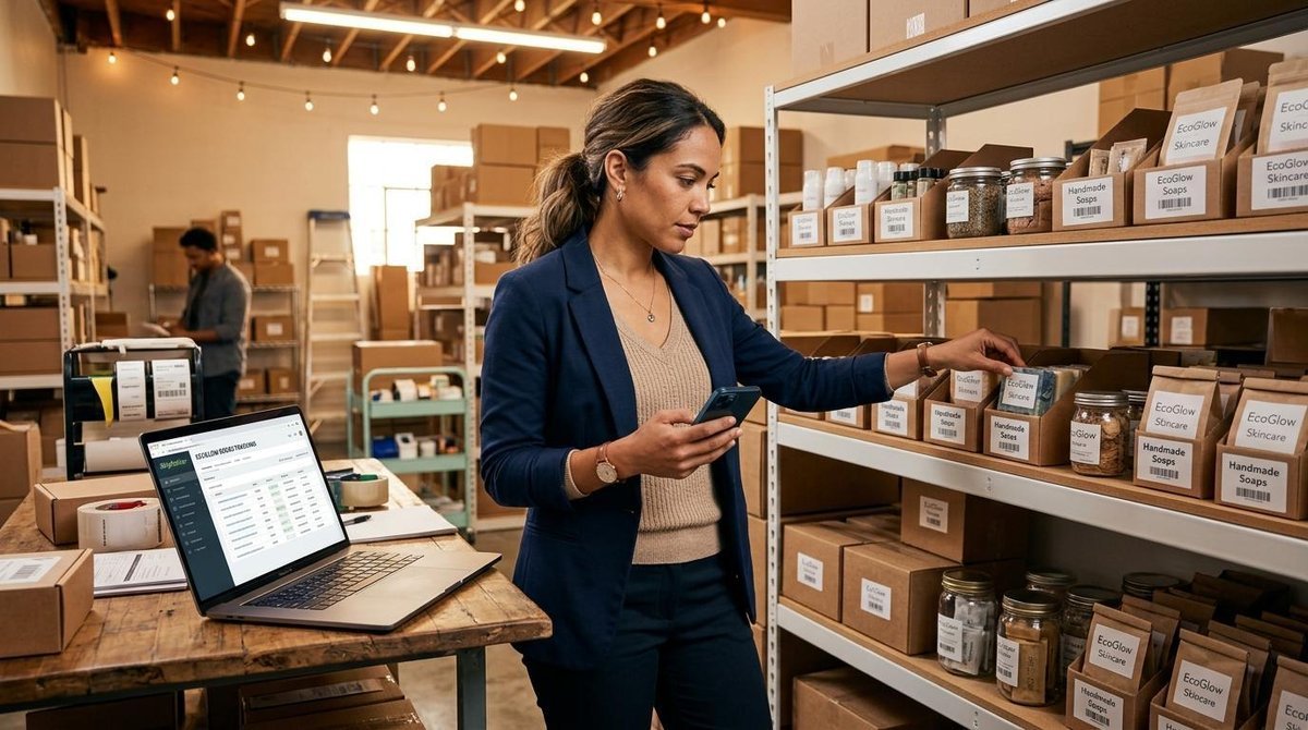 Una emprendedora revisando su teléfono móvil y laptop mientras organiza productos en estantes modernos, ambiente de pequeña bodega iluminada con tonos