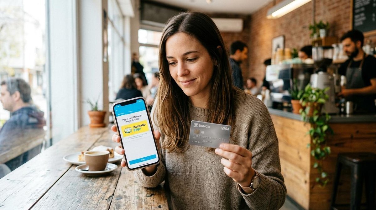 Mujer que sostiene una tarjeta de crédito y un celular con el crédito Mercado Pago
