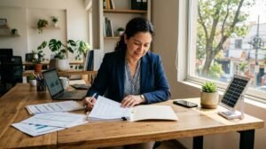 Persona escribiendo en un cuaderno sobre una mesa de madera con documentos y un portátil