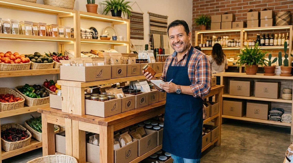 Pequeño negocio mexicano con productos locales organizados en cajas de cartón reciclado bajo iluminación LED eficiente