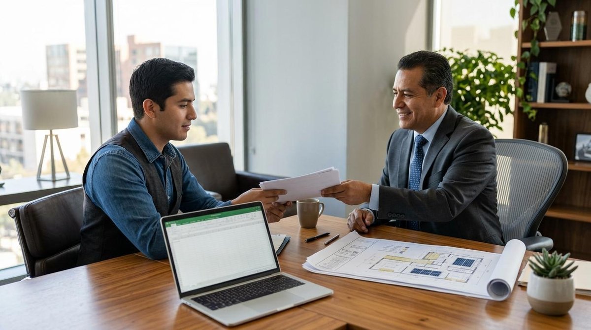 Ejecutivo de banca entregando documentos de crédito a un emprendedor mexicano en una oficina moderna y luminosa
