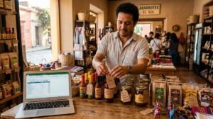 Un emprendedor mexicano ajusta etiquetas de precio en productos exhibidos sobre una mesa de madera en su tienda pequeña, con una computadora portátil