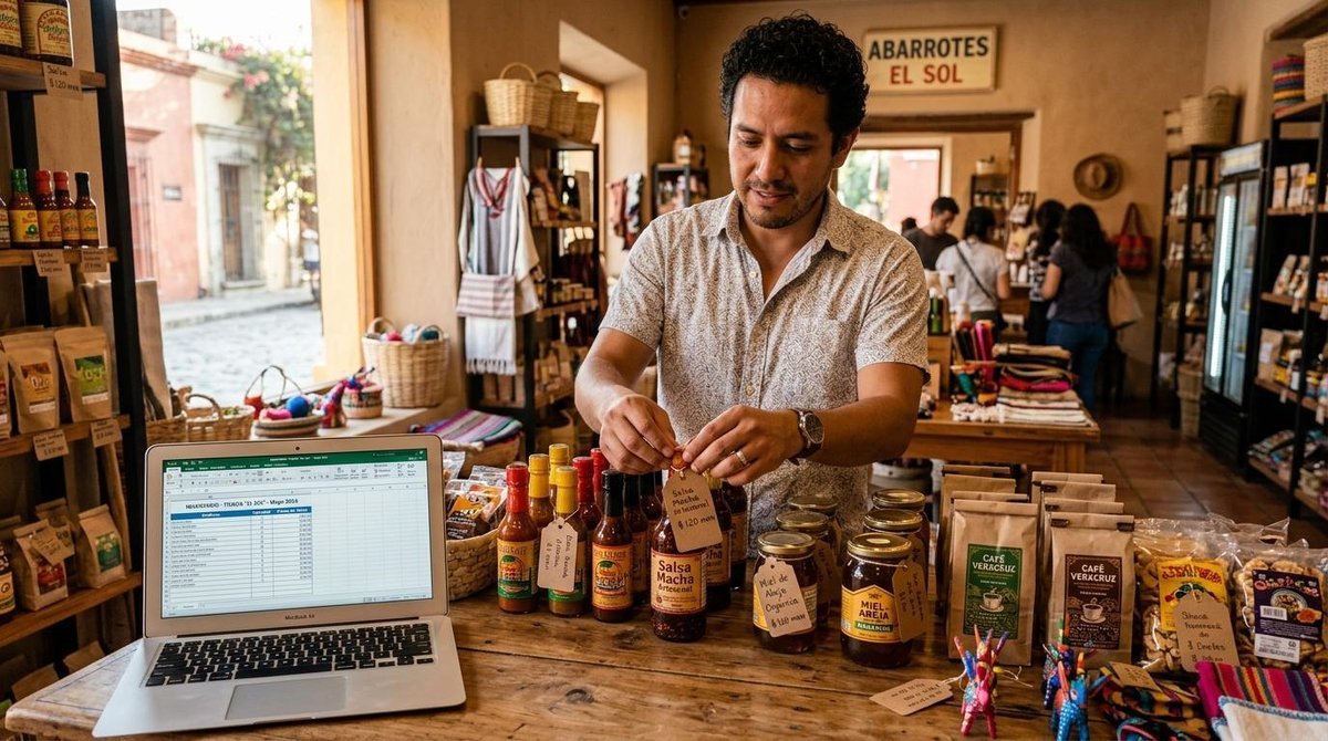 Un emprendedor mexicano ajusta etiquetas de precio en productos exhibidos sobre una mesa de madera en su tienda pequeña, con una computadora portátil
