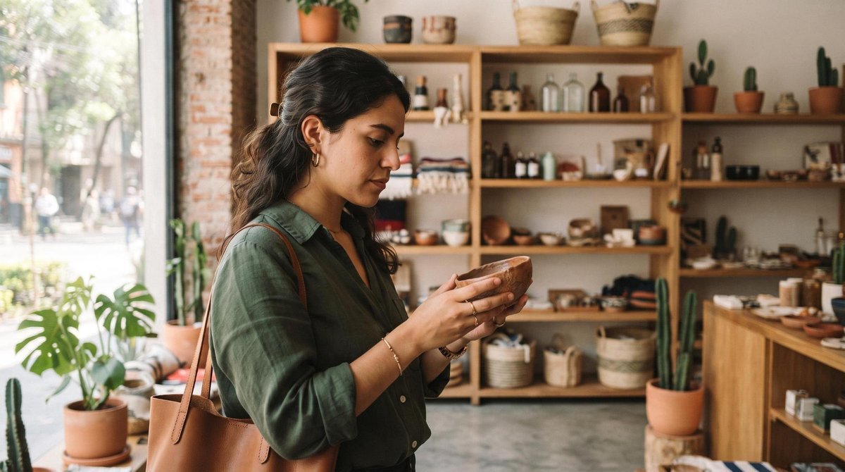Una persona joven examina atentamente productos en una tienda boutique contemporánea en México, sosteniendo un artículo mientras considera su decisión