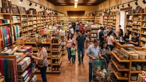 Vista interior de una tienda minorista mexicana próspera durante temporada alta de ventas, con estantes bien organizados, clientes realizando compras