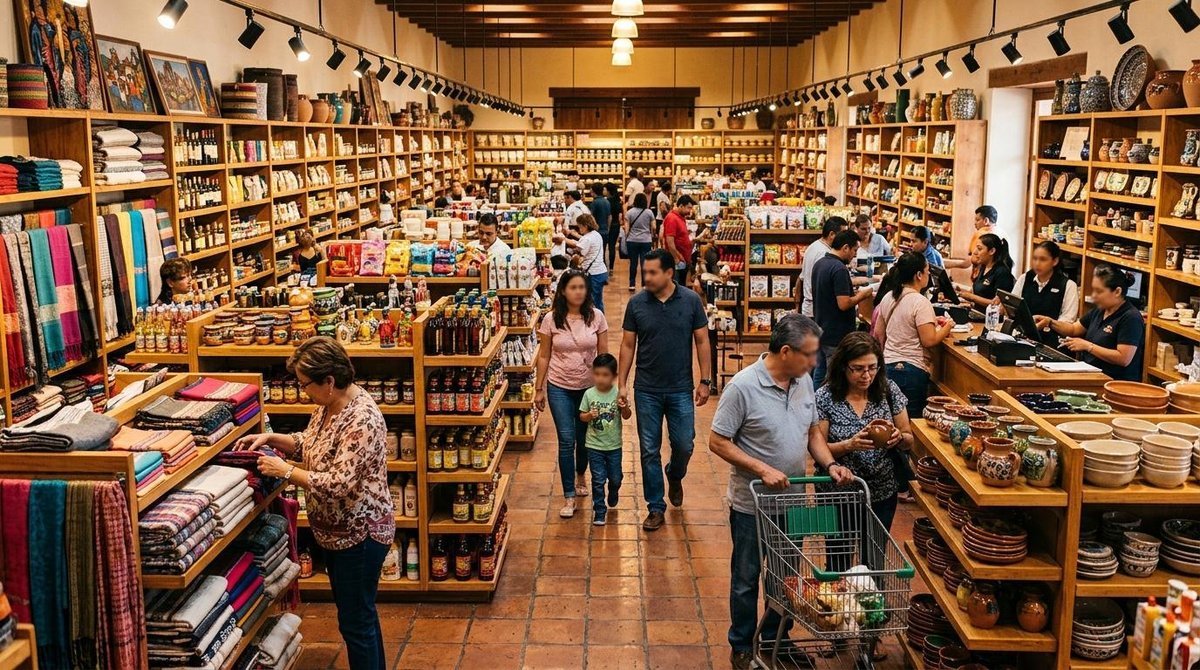 Vista interior de una tienda minorista mexicana próspera durante temporada alta de ventas, con estantes bien organizados, clientes realizando compras