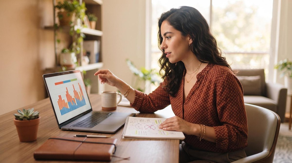 Emprendedora mexicana analizando un calendario de ventas estacionales en su laptop, con notas sobre temporadas de alta y baja demanda visibles en su e