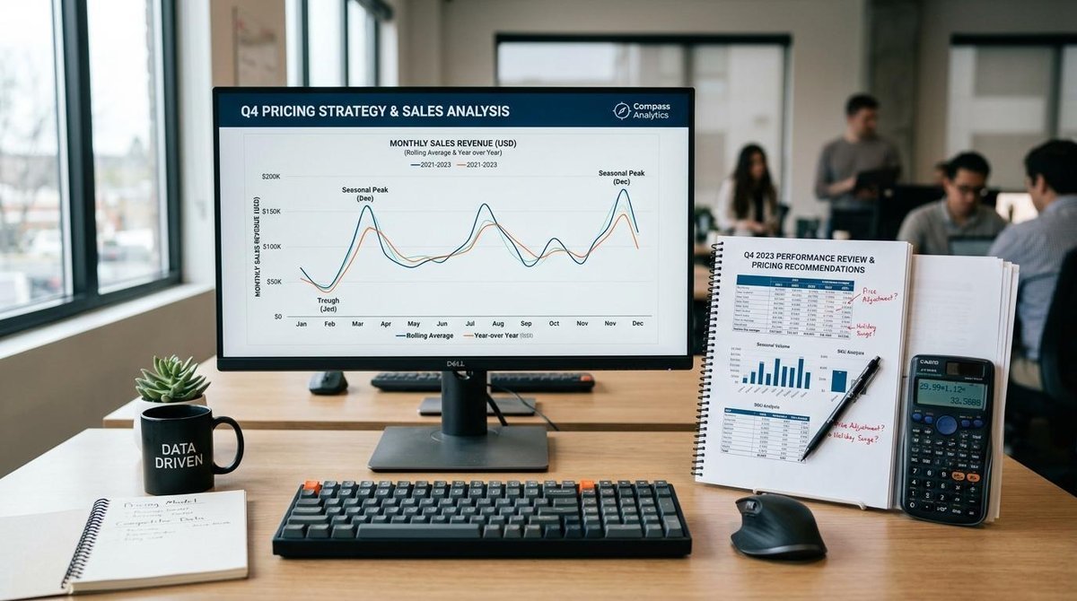 Pantalla de computadora mostrando gráficos de tendencias de ventas con picos y valles estacionales, junto a reportes impresos y una calculadora sobre