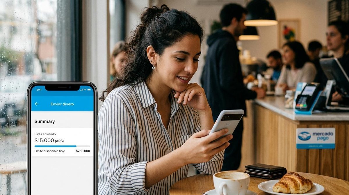 Persona revisando en su celular el límite diario para enviar dinero en Mercado Pago