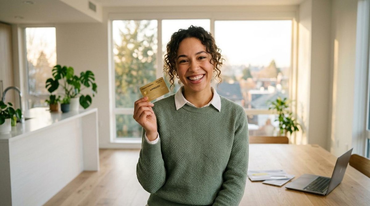Mujer que tiene su primera tarjeta de crédito.