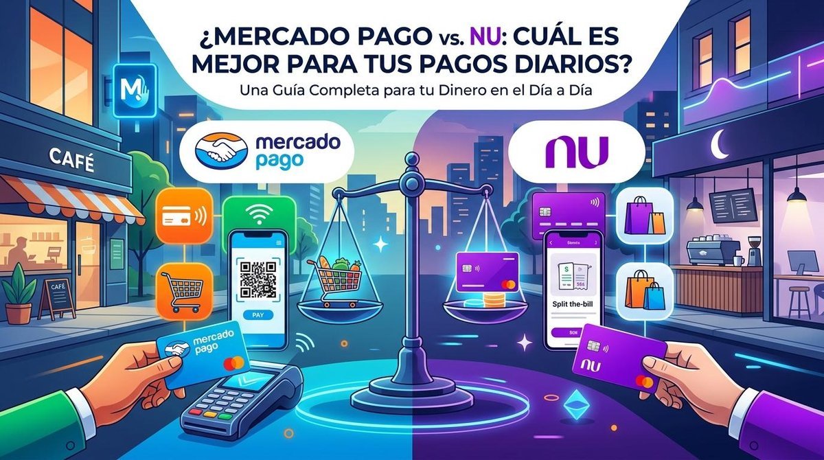Imagen ilustrativa de balanza compara opciones de pago de Mercado Pago y Nu con iconos de compras.