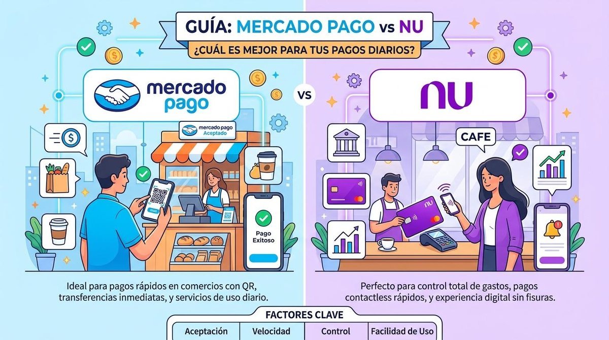 Imagen comparativa entre Mercado Pago y Nu para elegir la mejor opción de pagos diarios.