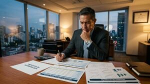 Persona con traje revisando documentos financieros en escritorio frente a ventana con vista urbana nocturna