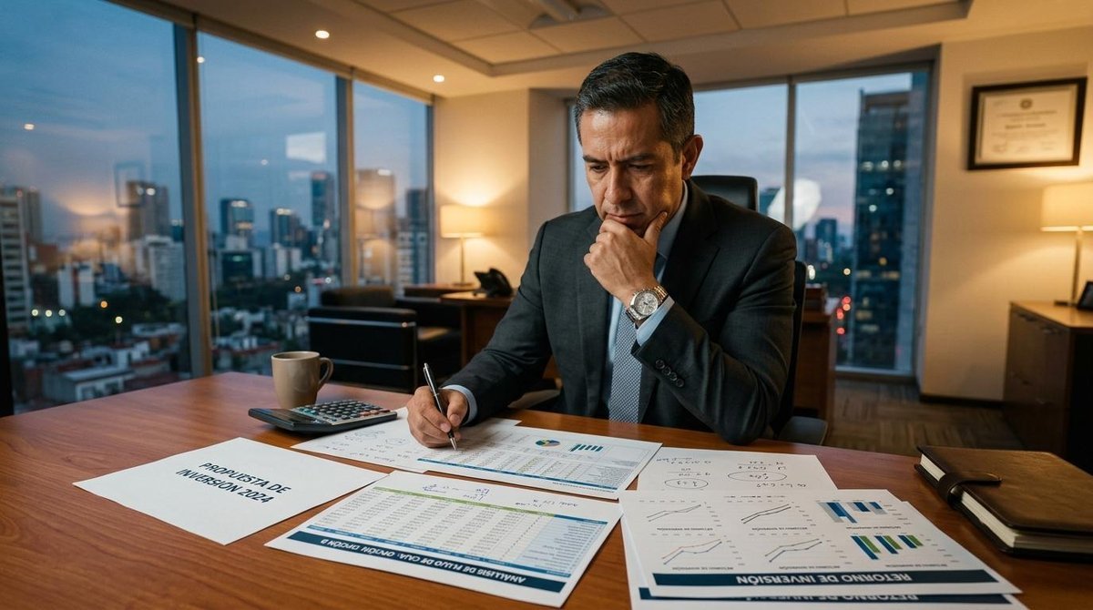 Persona con traje revisando documentos financieros en escritorio frente a ventana con vista urbana nocturna